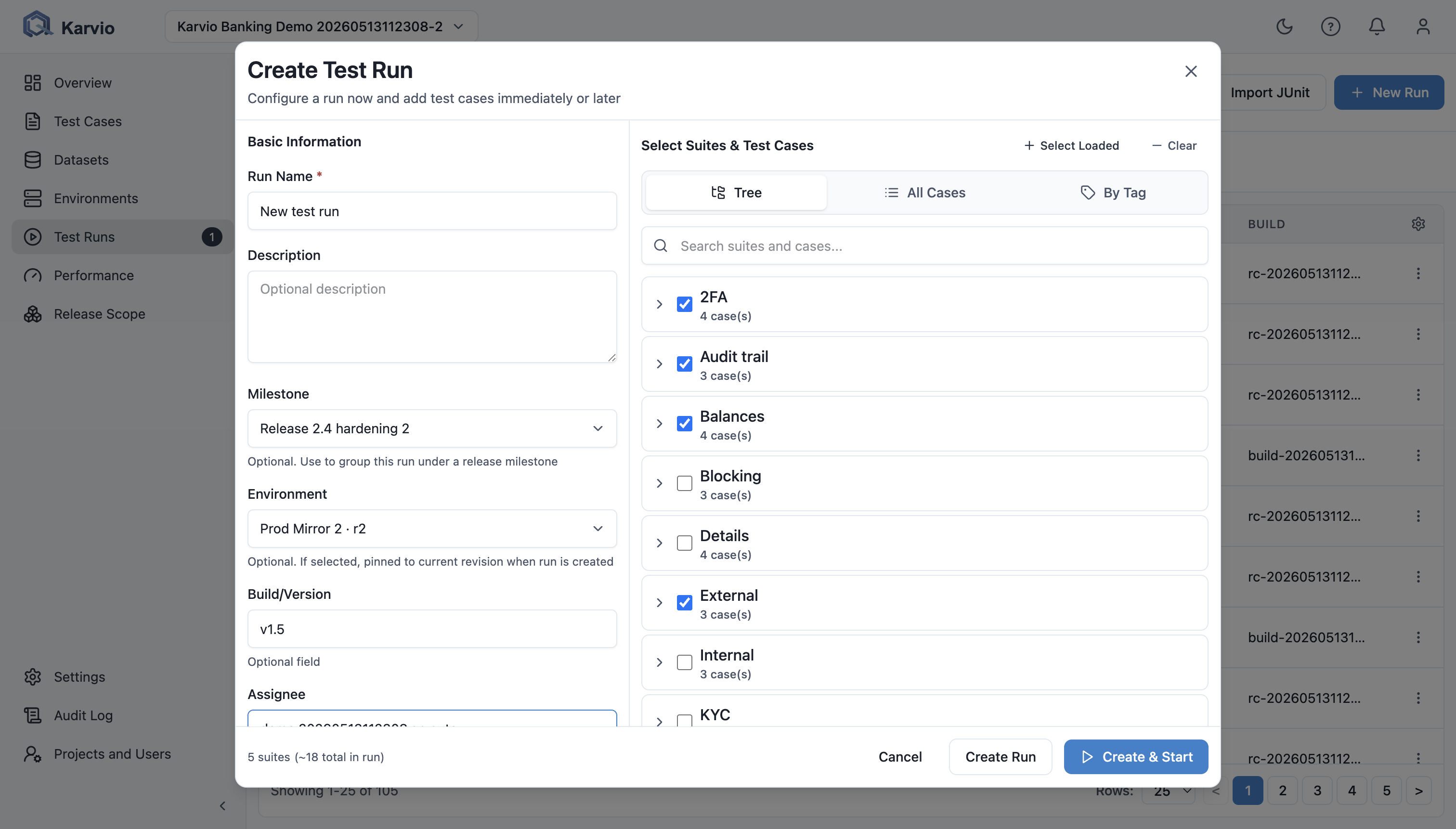 Create test run case selection