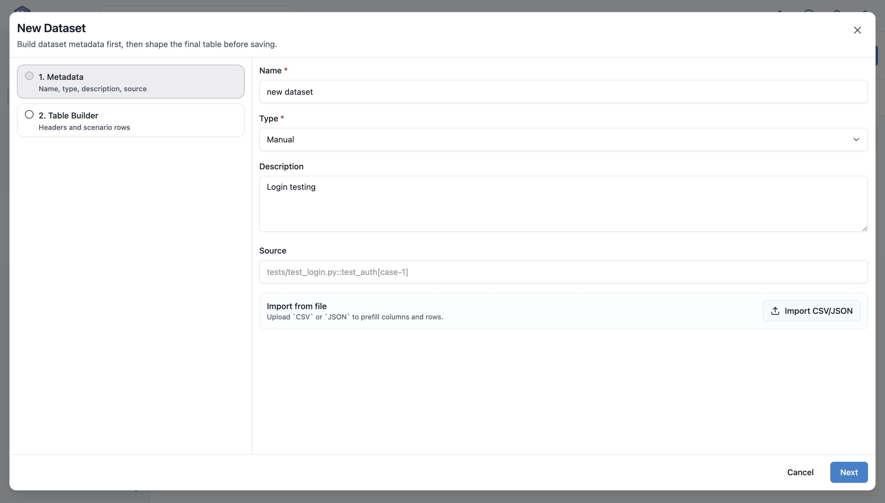 Dataset wizard metadata step