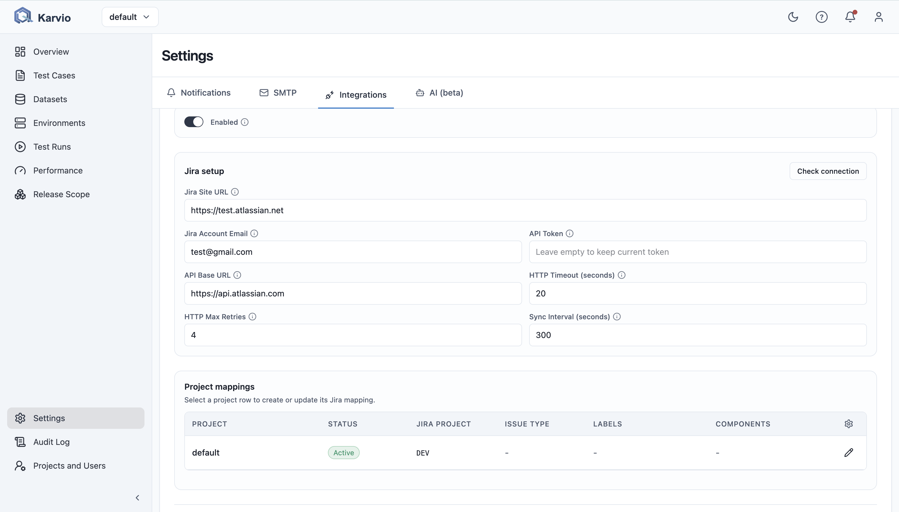 Jira integration settings
