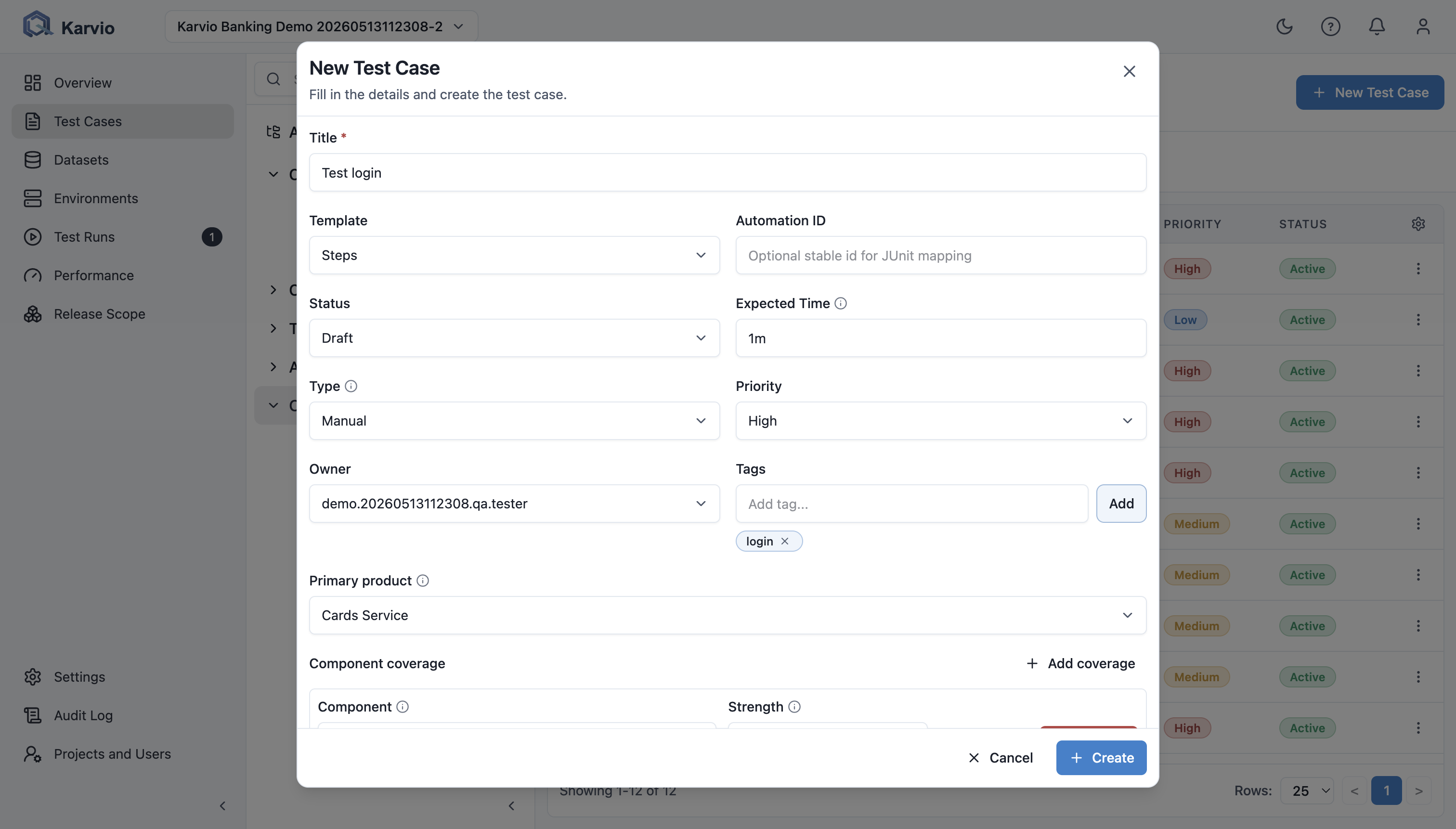 New test case form