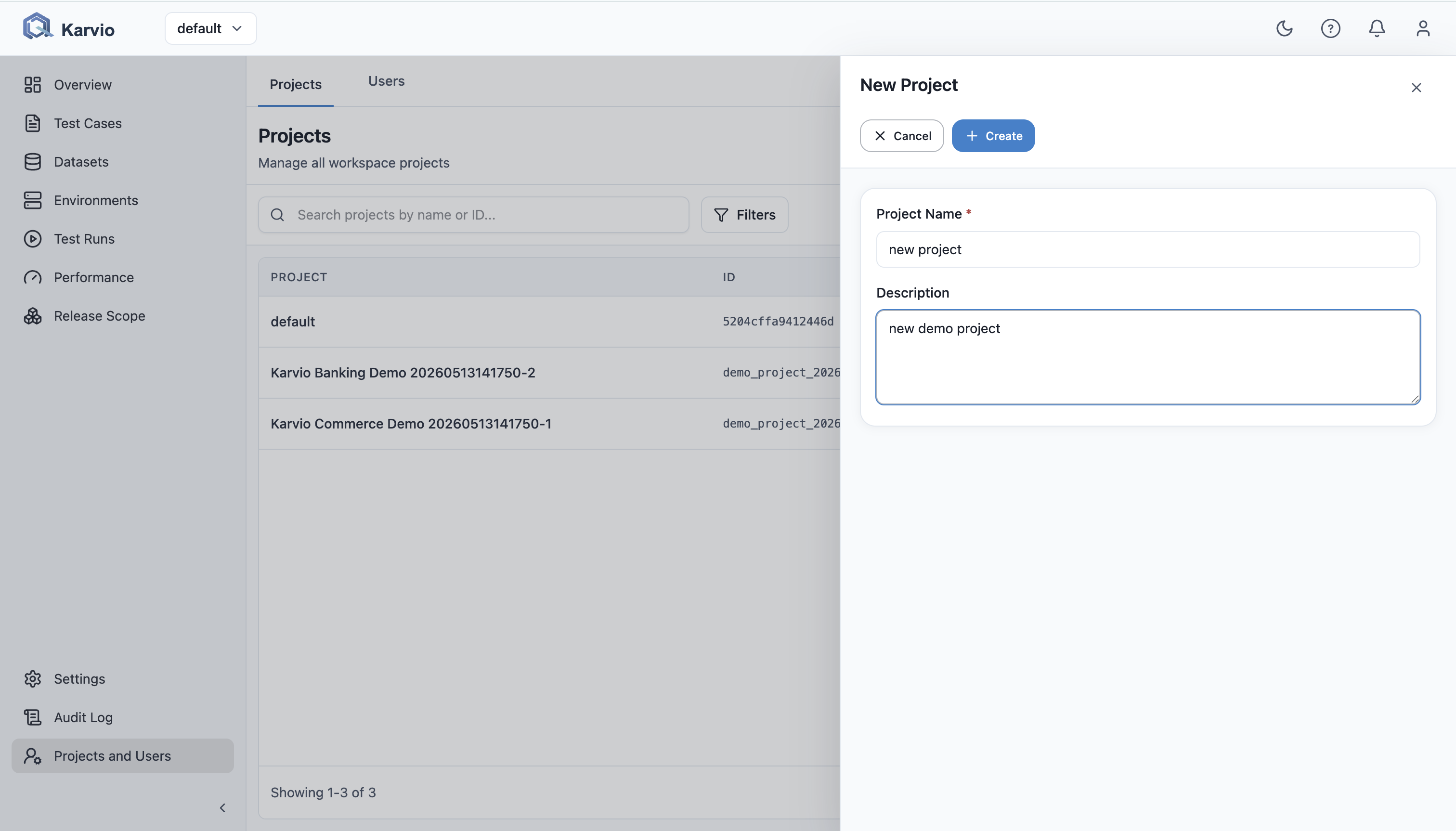 Create project dialog