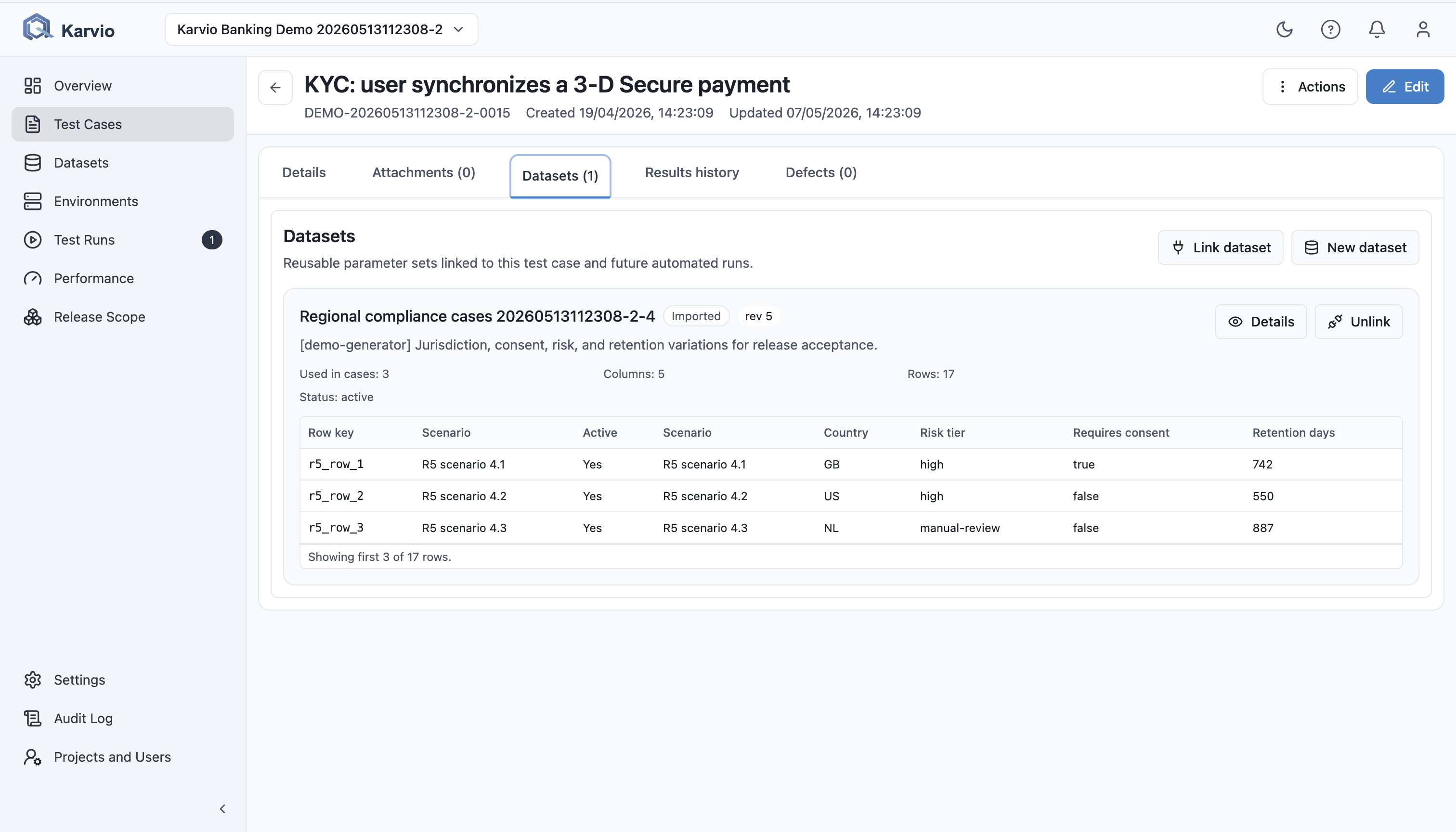Test case datasets tab